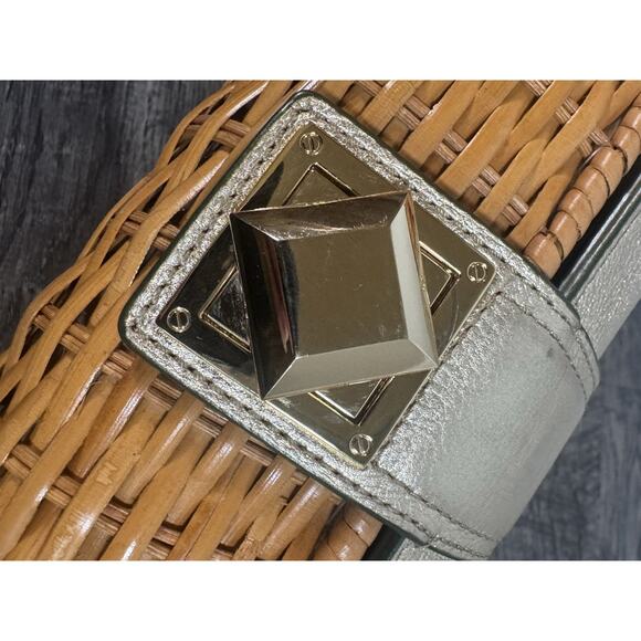 Michael Kors Wicker Clutch Purse Santorini Gold Leather Rattan Coastal Vacation - Picture 3 of 16